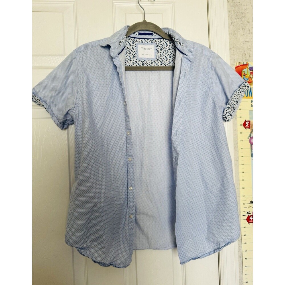 Denim And flower Shirt Small Short Sleeve Blue Button Up